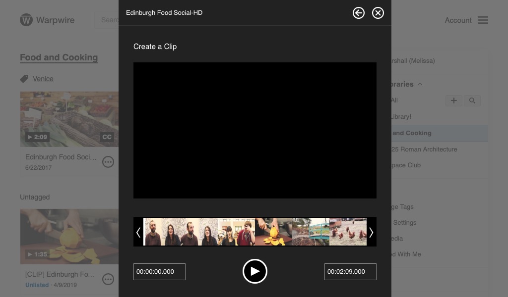 Create a clip interface prompting user to create new clip from original media