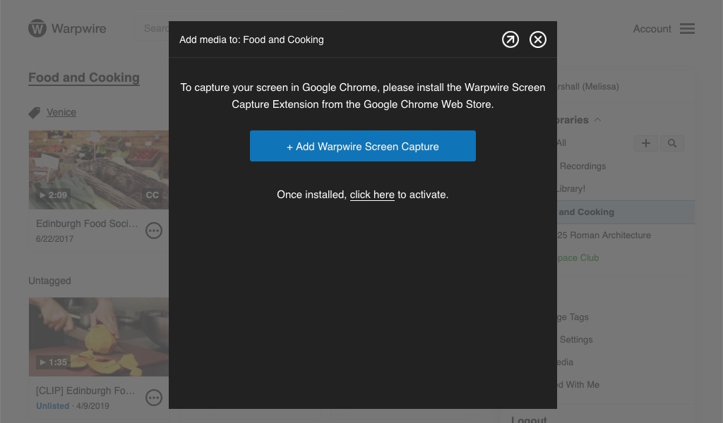 Alert prompting user to install the Warpwire Screen Capture Extension from the Google Chrome Web Store