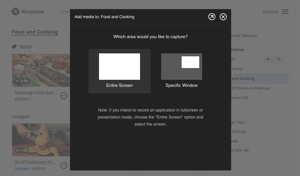 Pop-up screen within the Warpwire video platform with option to record 'Entire Screen' or 'Specific Window'
