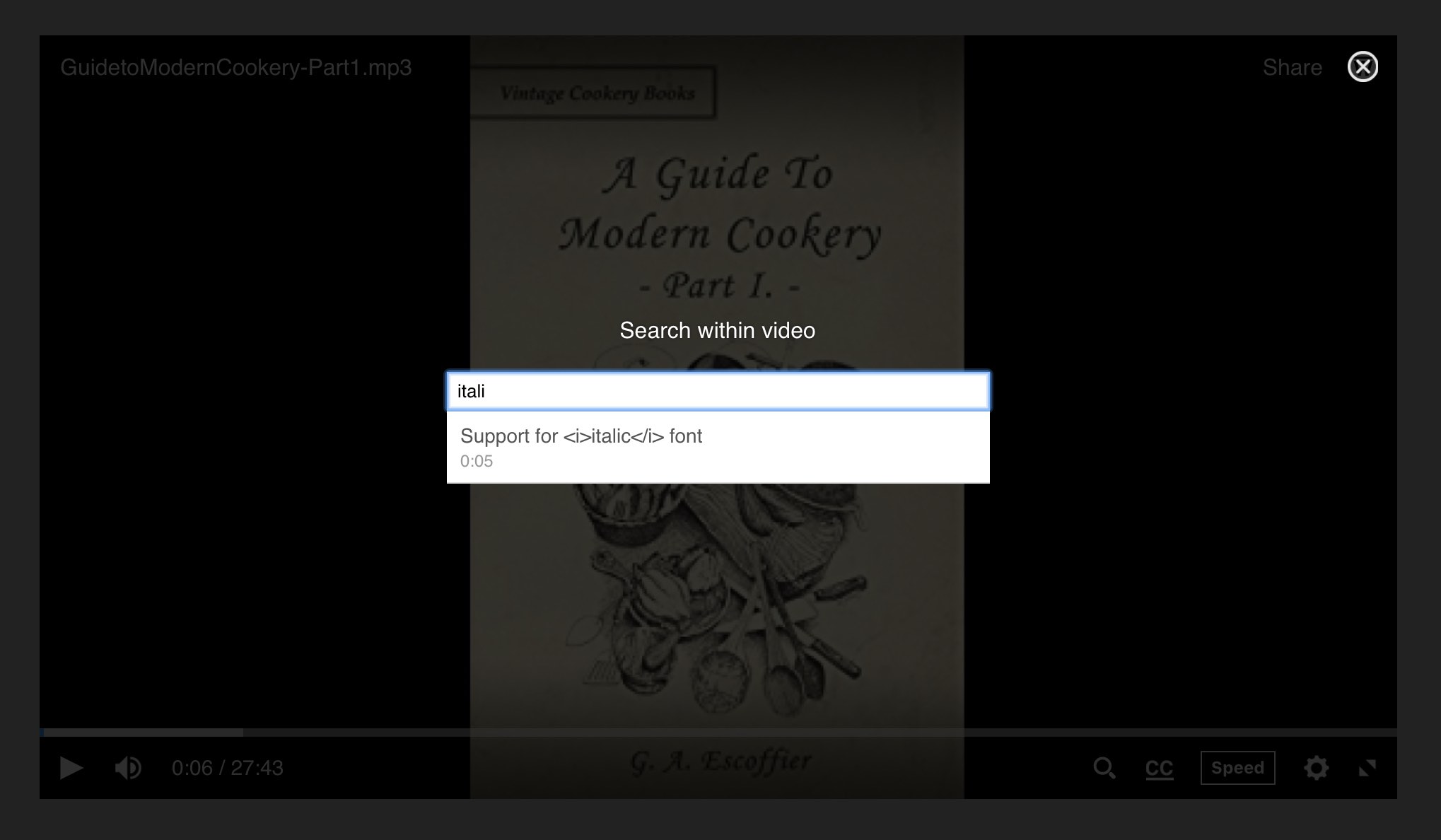 Audio player overlay caption search box