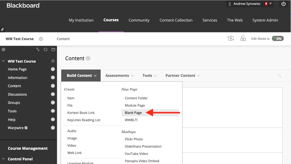 Blackboard 'Build Content' dropdown menu, 'Black Page' option selected