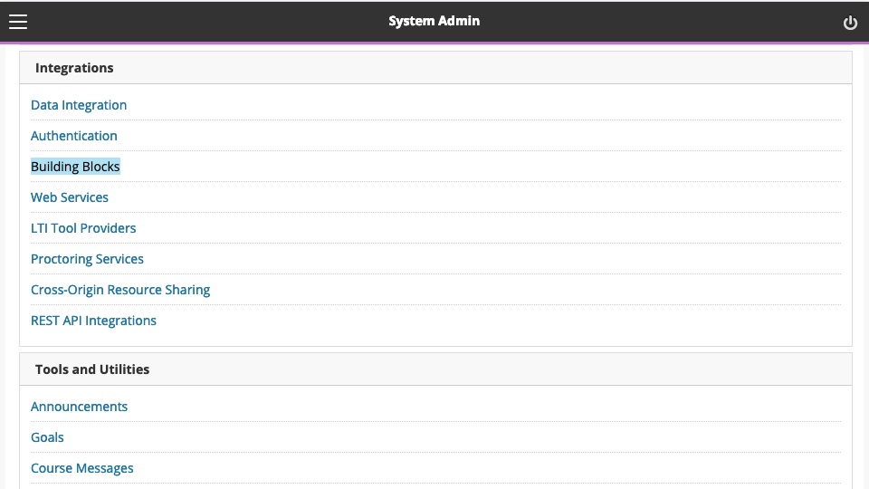 Blackboard Admin navigation, 'Building Blocks' is selected