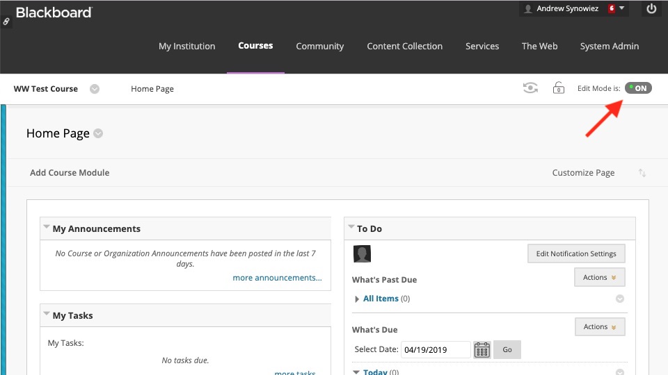 Blackboard course page, with red arrow pointing to 'Edit Mode' toggle