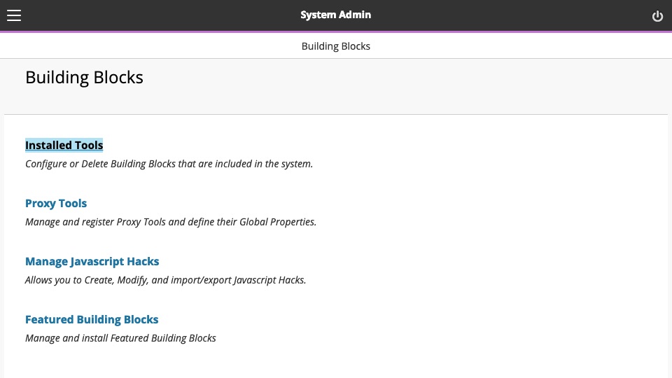 Blackboard building blocks page, with 'Installed Tools' selected