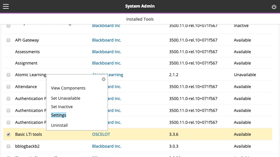 Blackboard Basic LTI Tools with context menu expanded, 'Settings' highlighted