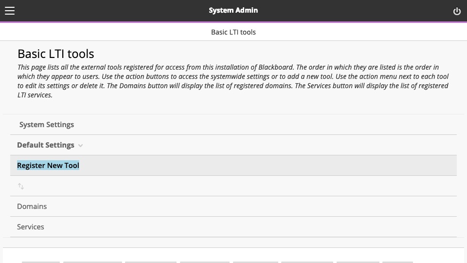 Register New Tool button is selected on the LTI Tools Page