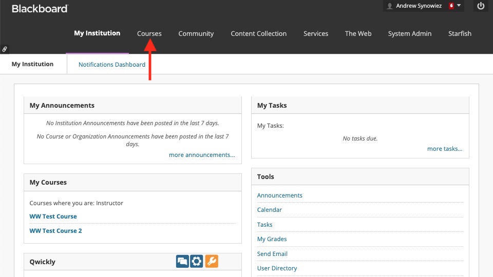 Blackboard login page, with red arrow pointing to 'Courses' tab