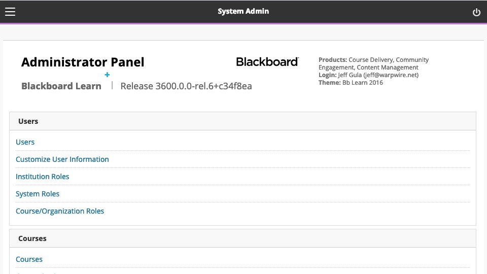 Blackboard Administrator Panel page