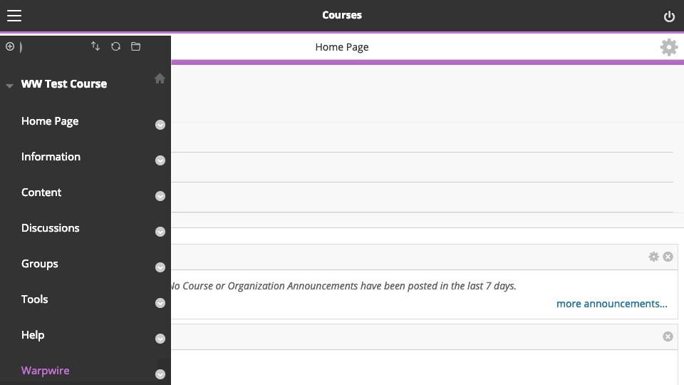 Warpwire tool among pop out course links in Blackboard