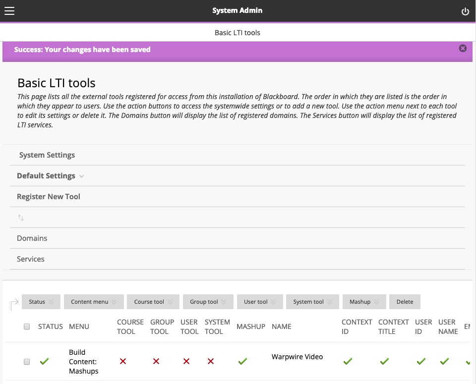 Warpwire tool closeup. Status box is checked, the menu column displays 'Build Content: Mashups', and the Mashup box is also checked.