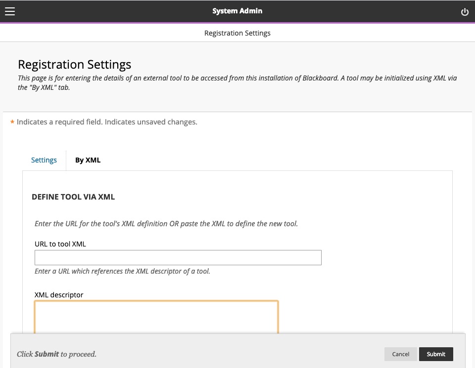 Page where XML can be pasted to configure LTI tool