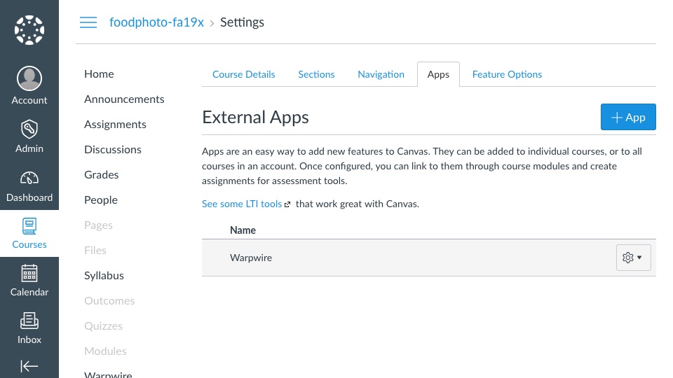 'Apps' tab of Settings section within Canvas