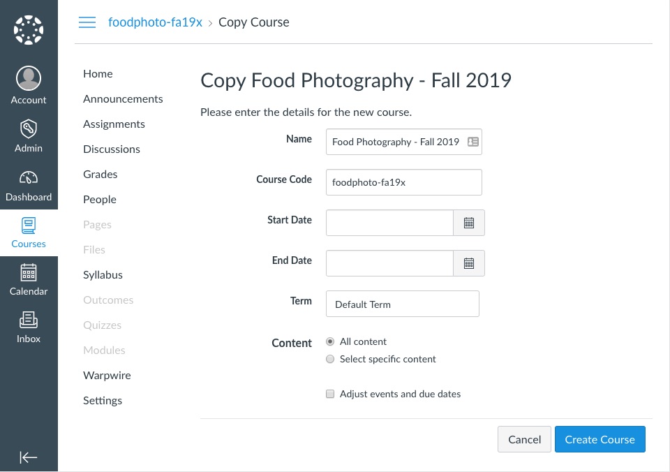 Copy Course page