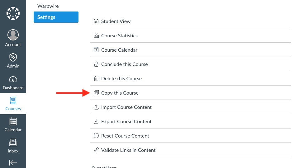 External Apps section of Canvas Settings page, red arrow pointing to 'Copy this Course'