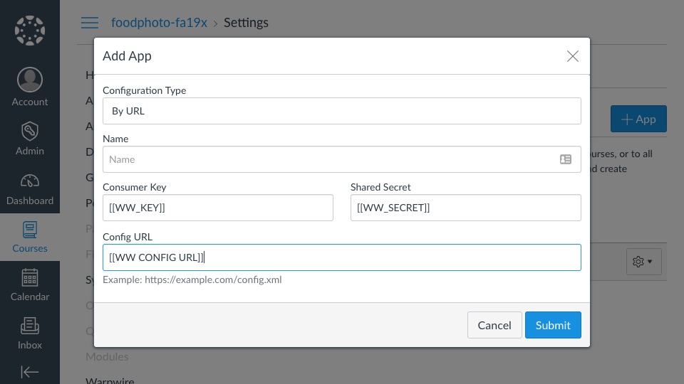 Key, Secret, and URL fields for App configuration