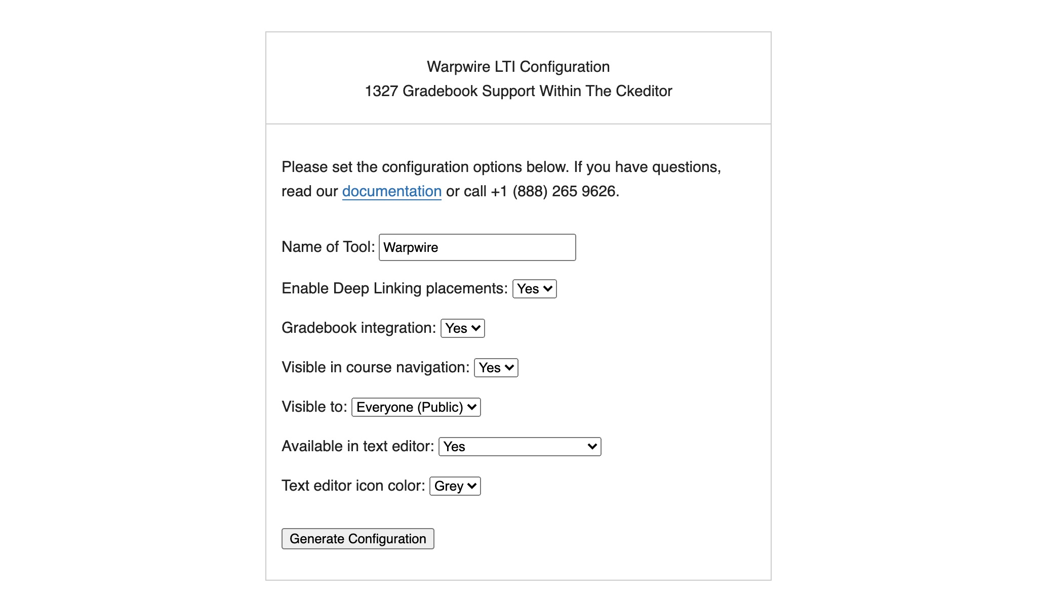 Warpwire LTI configuration pane