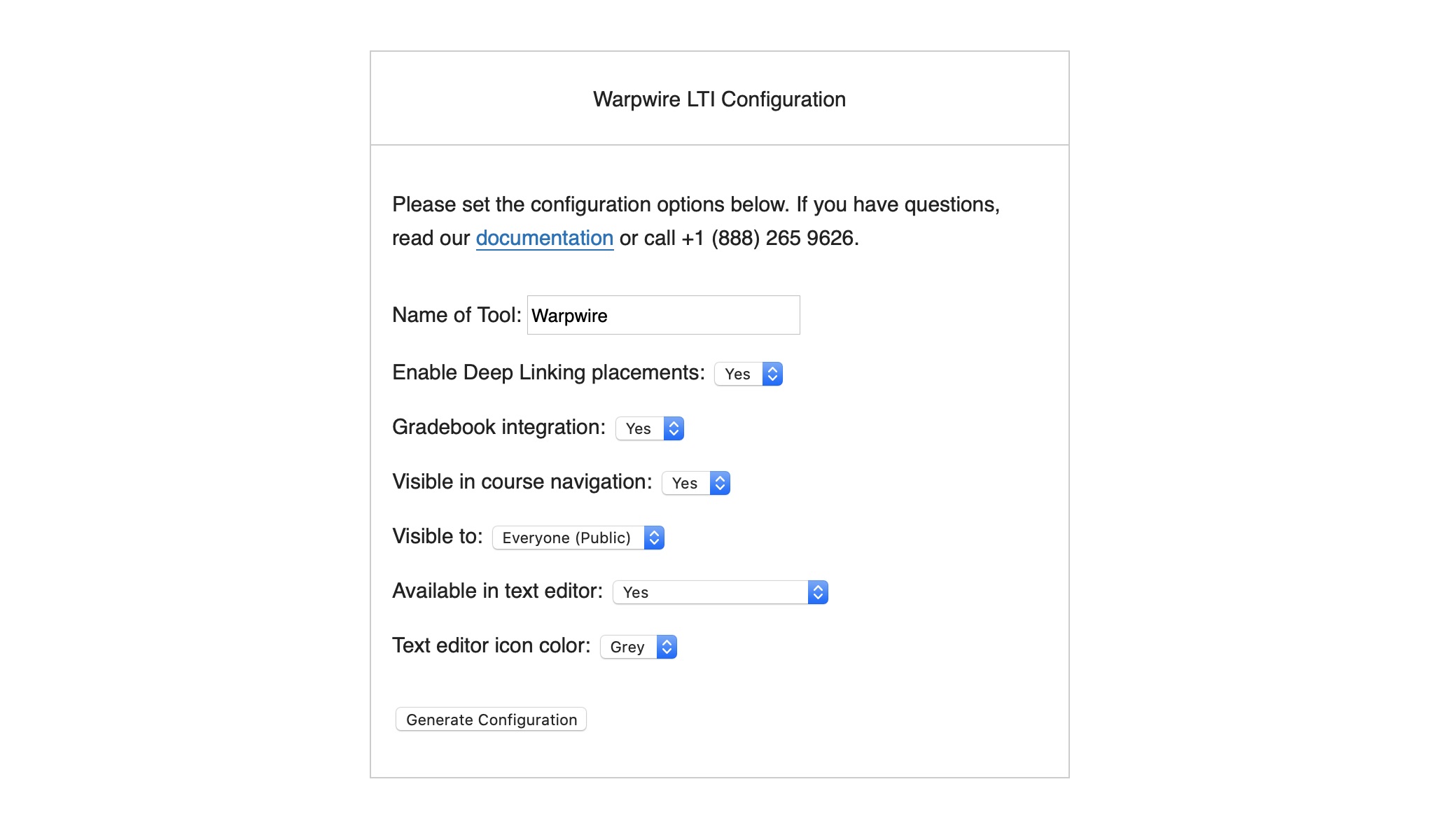 Warpwire LTI Configuration Wizard page