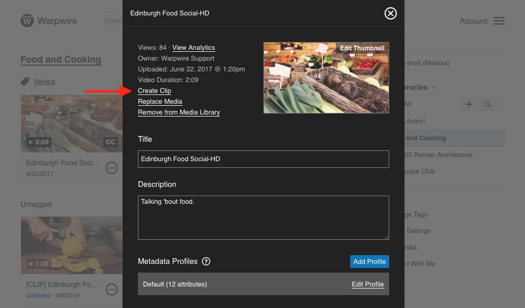 Media options pane with red arrow pointing to 'Create Clip'