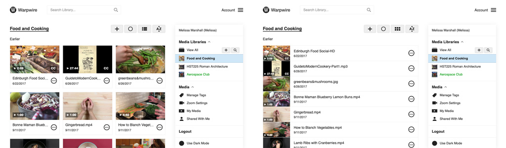 Side by side comparison of grid and list views within the Warpwire media platform