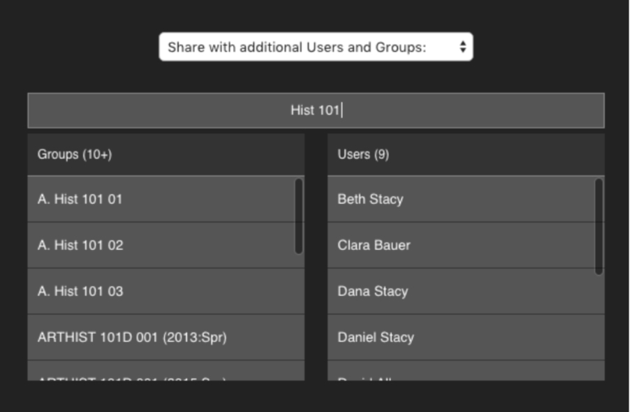 Class search within Warpwire video platform with Hist 101 highlighted in green