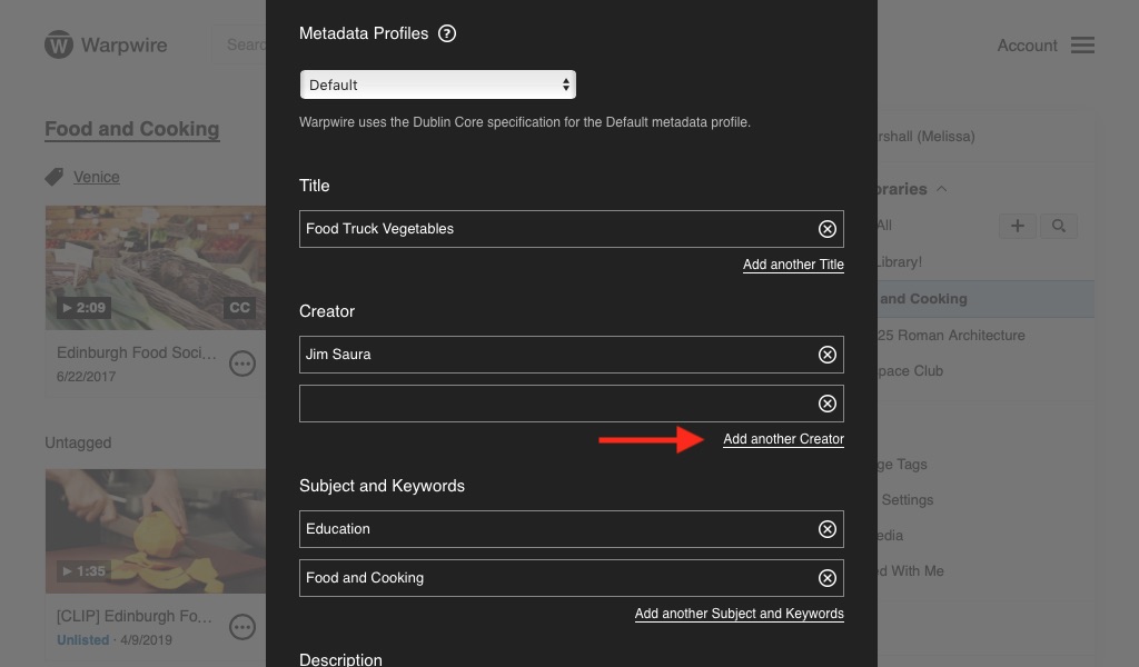 Metadata fields, showing two Subject/Keywords