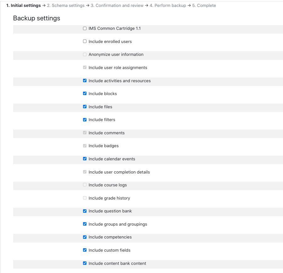 Moodle course backup page: initial backup settings