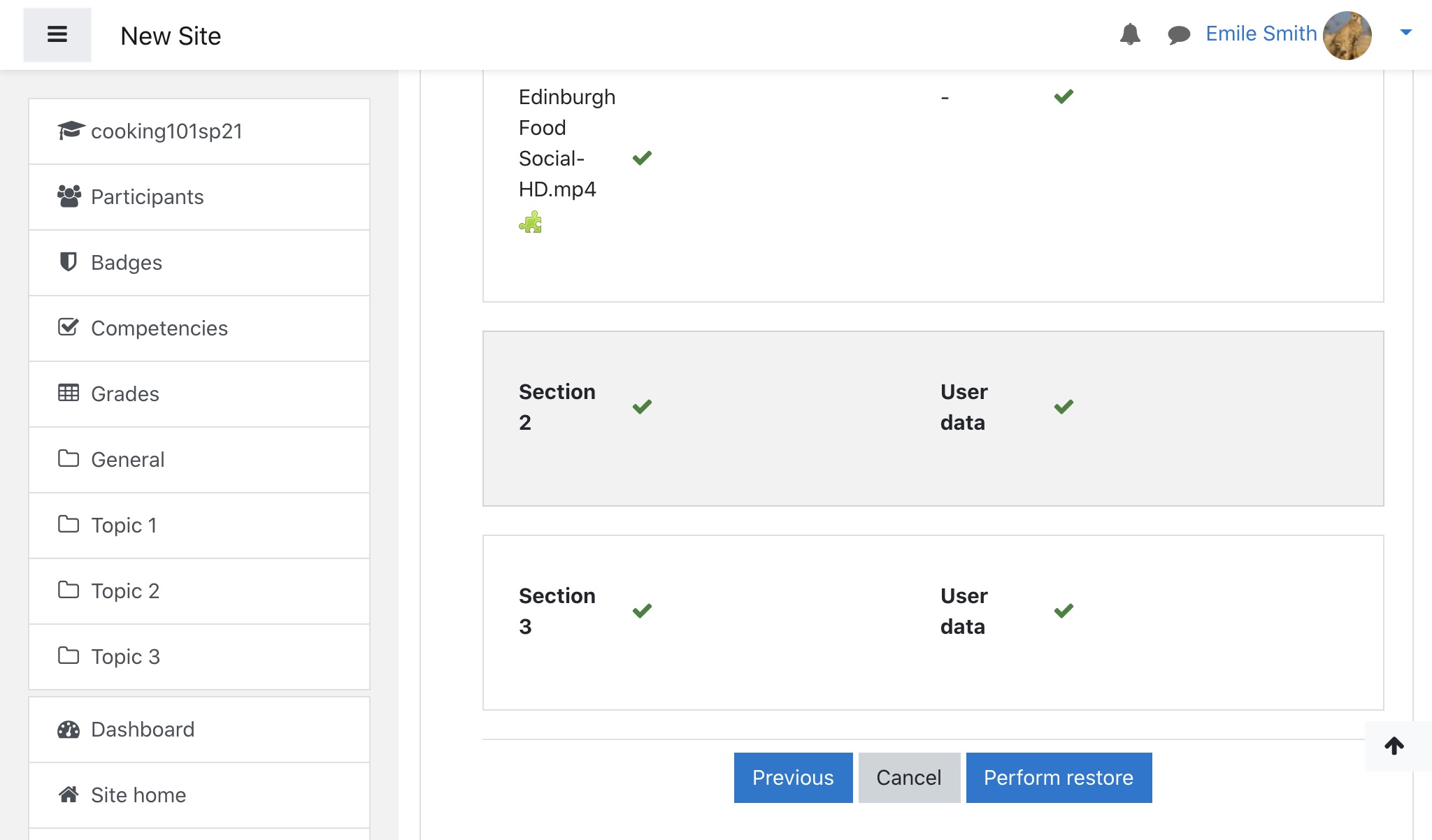 Page to review backup settings and perform course restoration