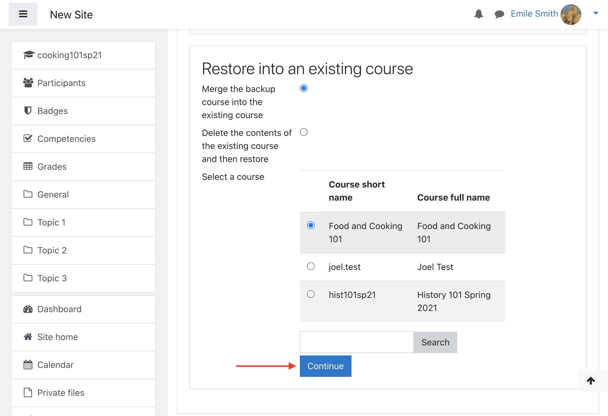 Moodle course restoration page: restore to existing course option