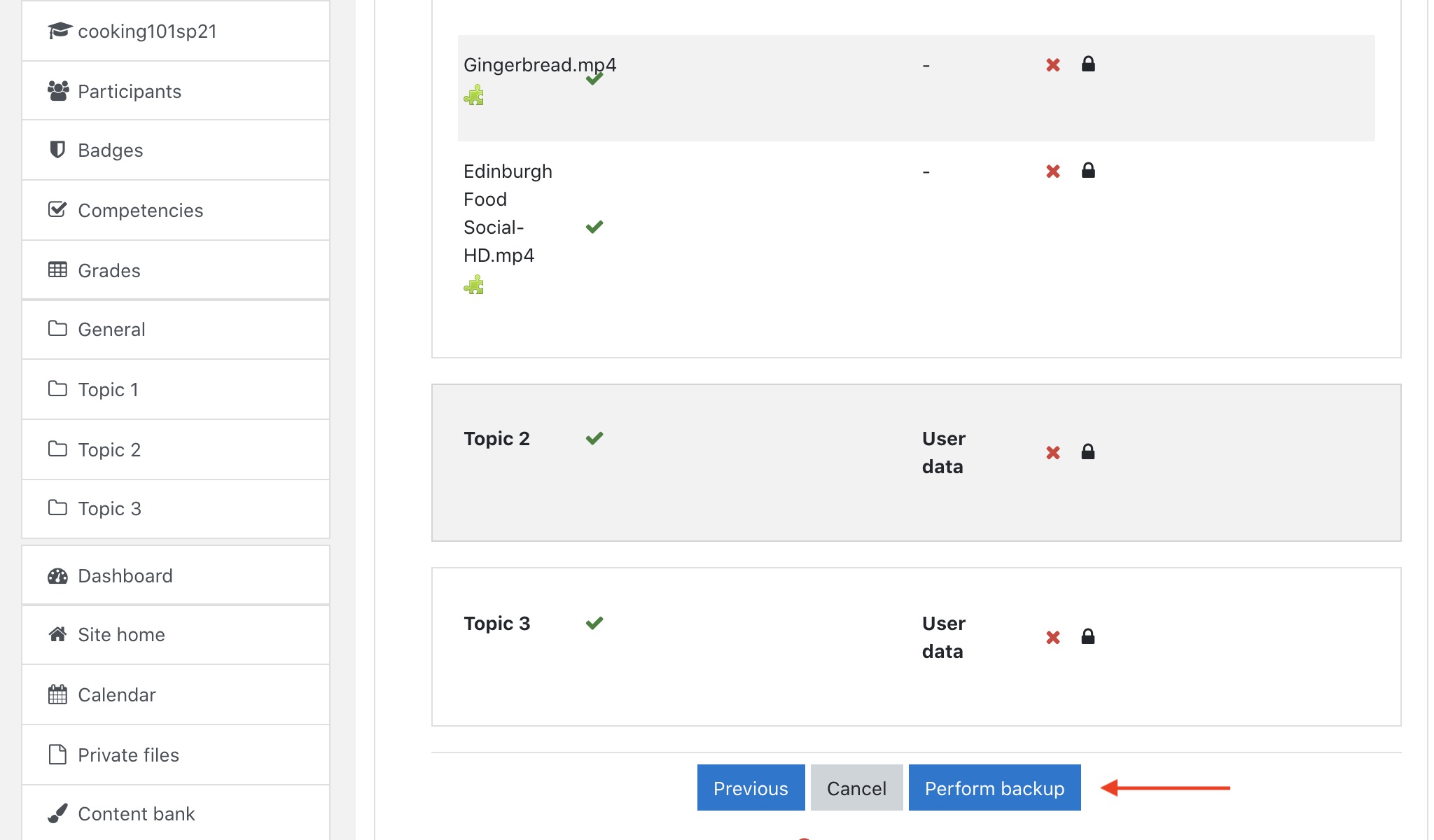 Moodle course backup page: review