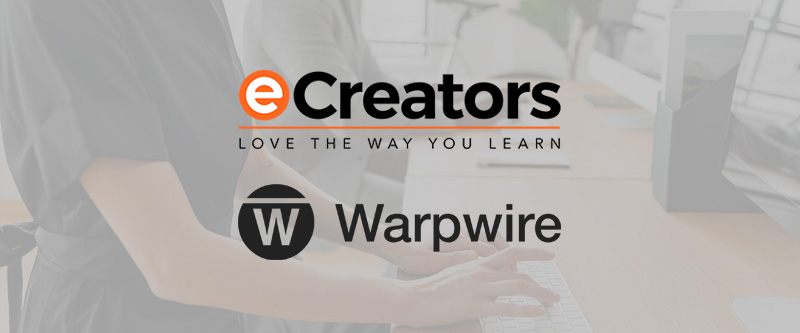 Background of hands typing with eCreators and Warpwire video platform logos on top