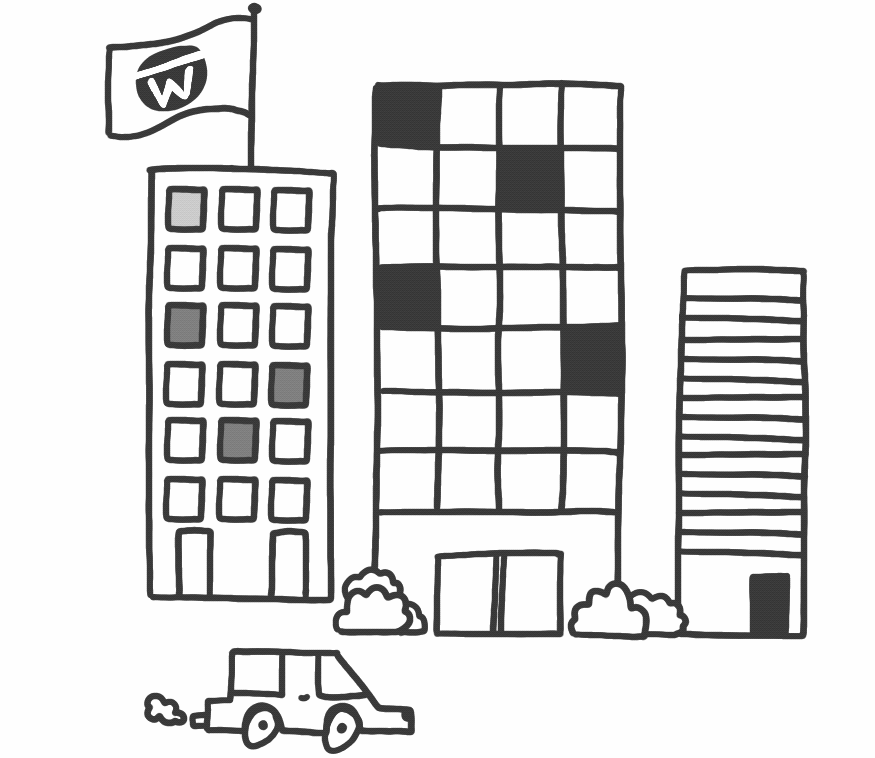 Graphic of a city building landscape with a car moving in front