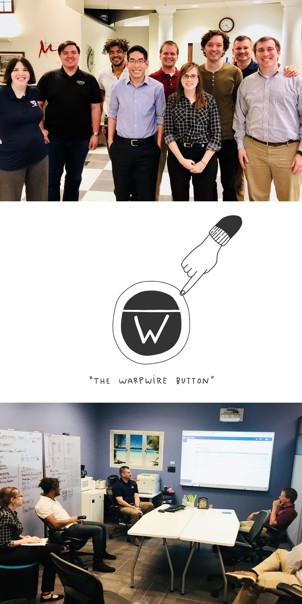 Photographs of the Warpwire team visiting the University of Dayton and a Warpwire button graphic