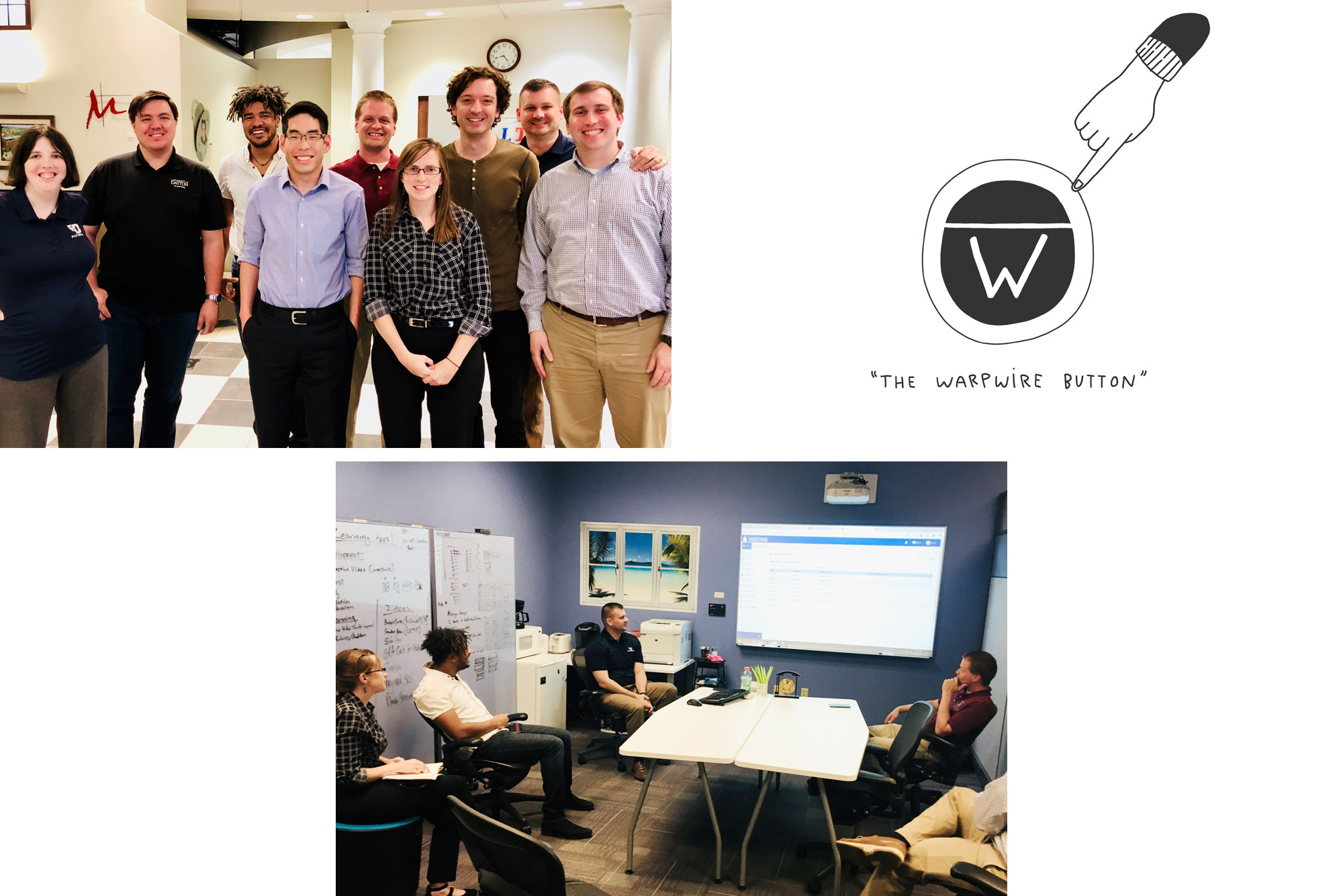 Photographs of the Warpwire team visiting the University of Dayton and a Warpwire button graphic