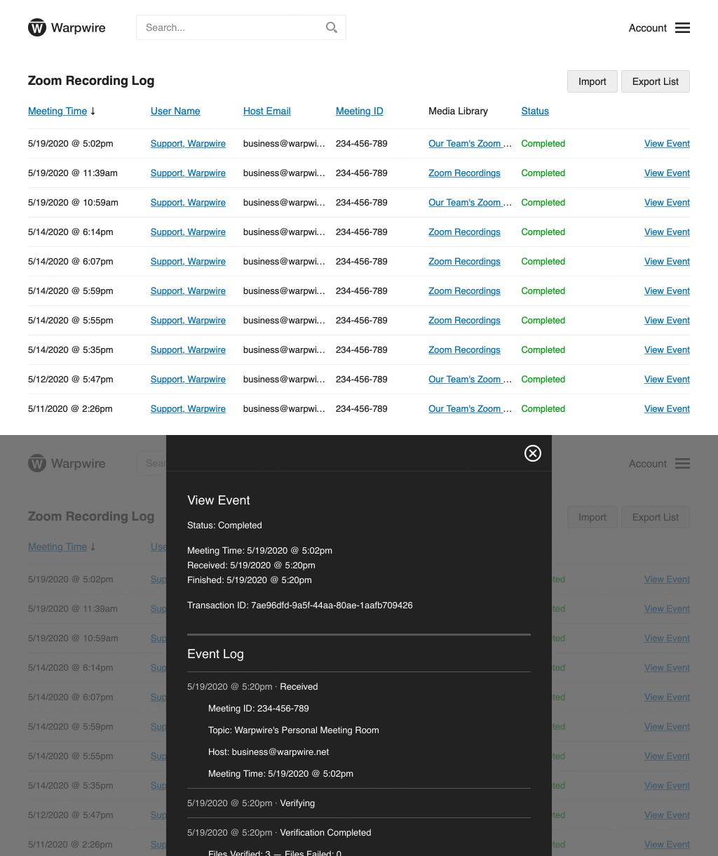 The Admin Tool inside of Warpwire allows Warpwire Admins to view detailed Zoom recording events.