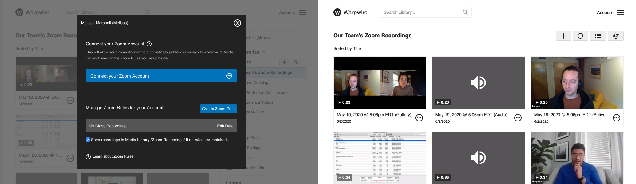 Connect your Zoom account directly to Warpwire and automatically save your Zoom recordings to Warpwire.
