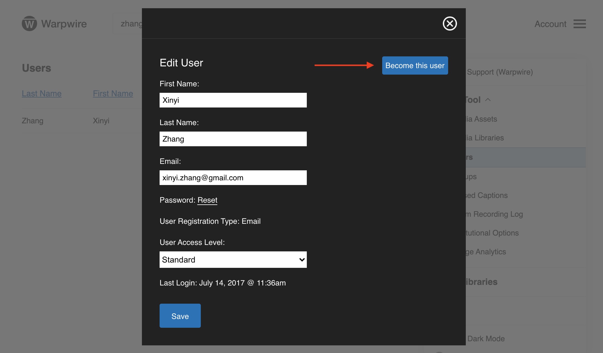 Panel showing user details and 'become this user' button within the Warpwire platform