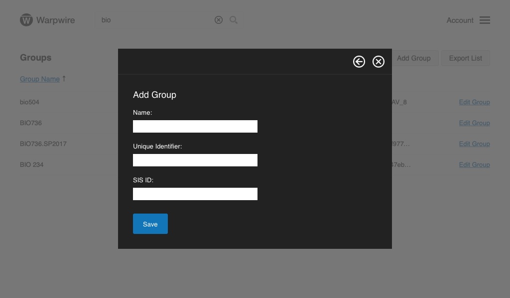 panel within the Warpwire video platform showing user inputs for group creation