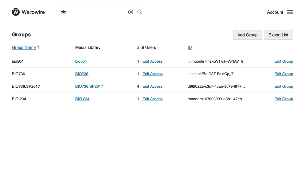 Admin tool within the Warpwire video platform showing search results for groups including 'roman' in the title