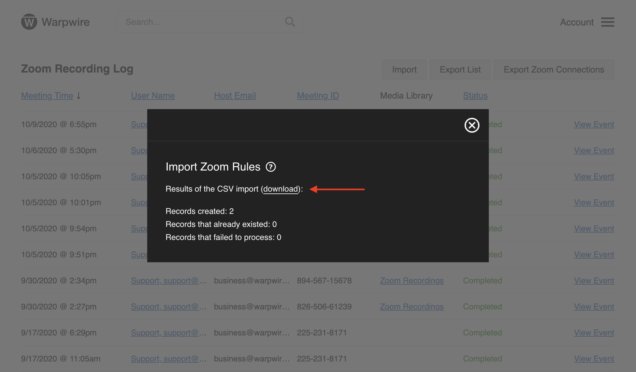 Result window for Zoom rule, red arrow pointing to download link.