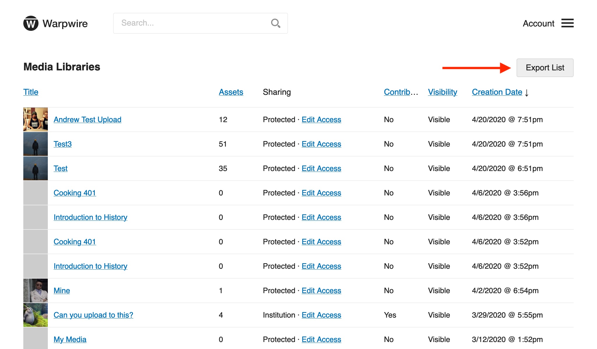 export button in upper-right of admin tool within the Warpwire media platform