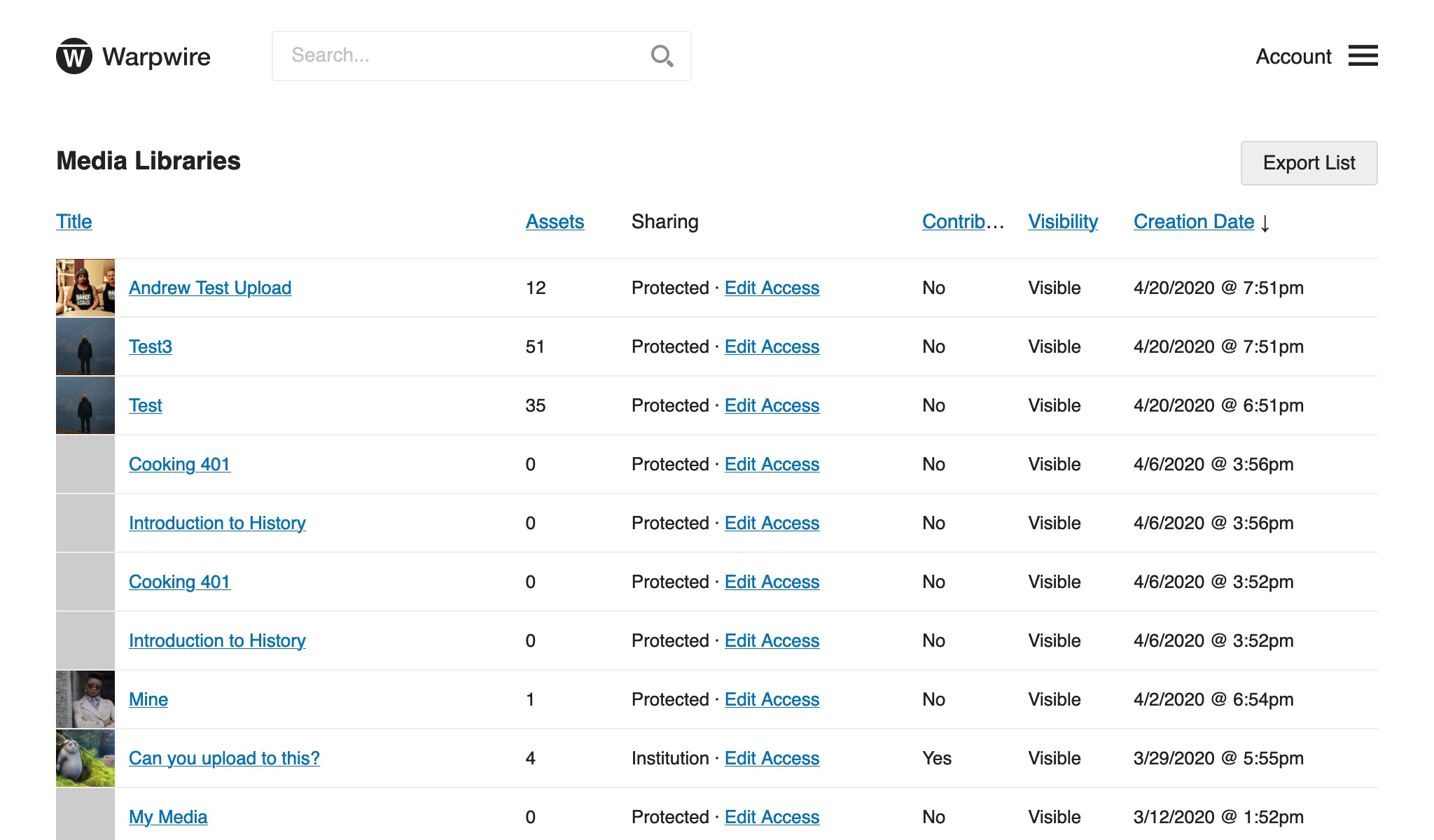 Warpwire video platform's admin tool listing all media libraries