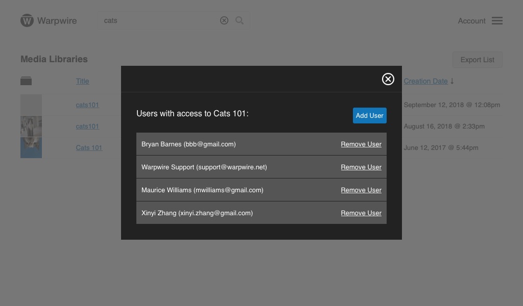 panel showing 'add user' button to add users to groups within the Warpwire media library