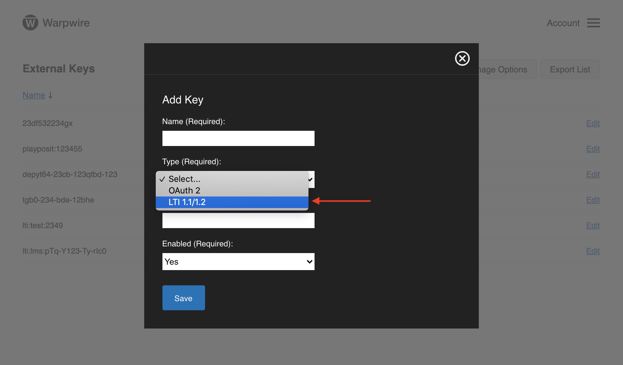 Select LTI from the select menu to begin adding the key.