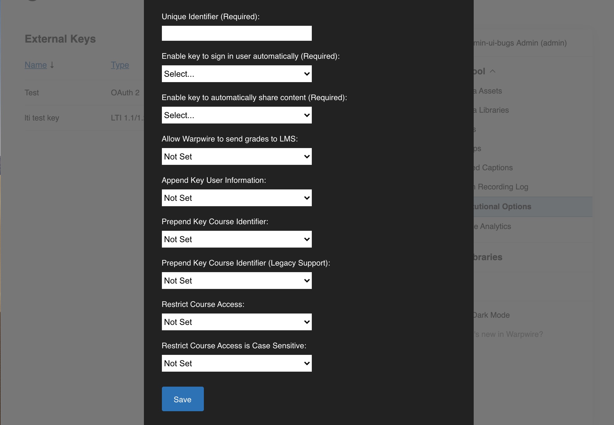 Fill in the fields to sucessfully add your OAuth key in Warpwire.