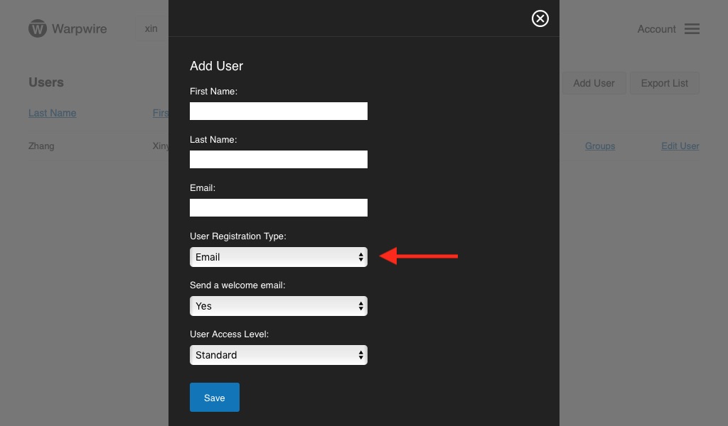 panel showing user input fields to create a user within the Warpwire video platform