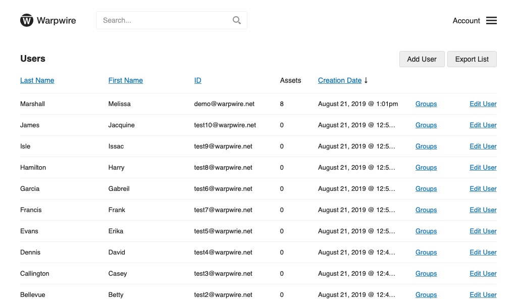 admin tool showing list of users within the Warpwire video platform