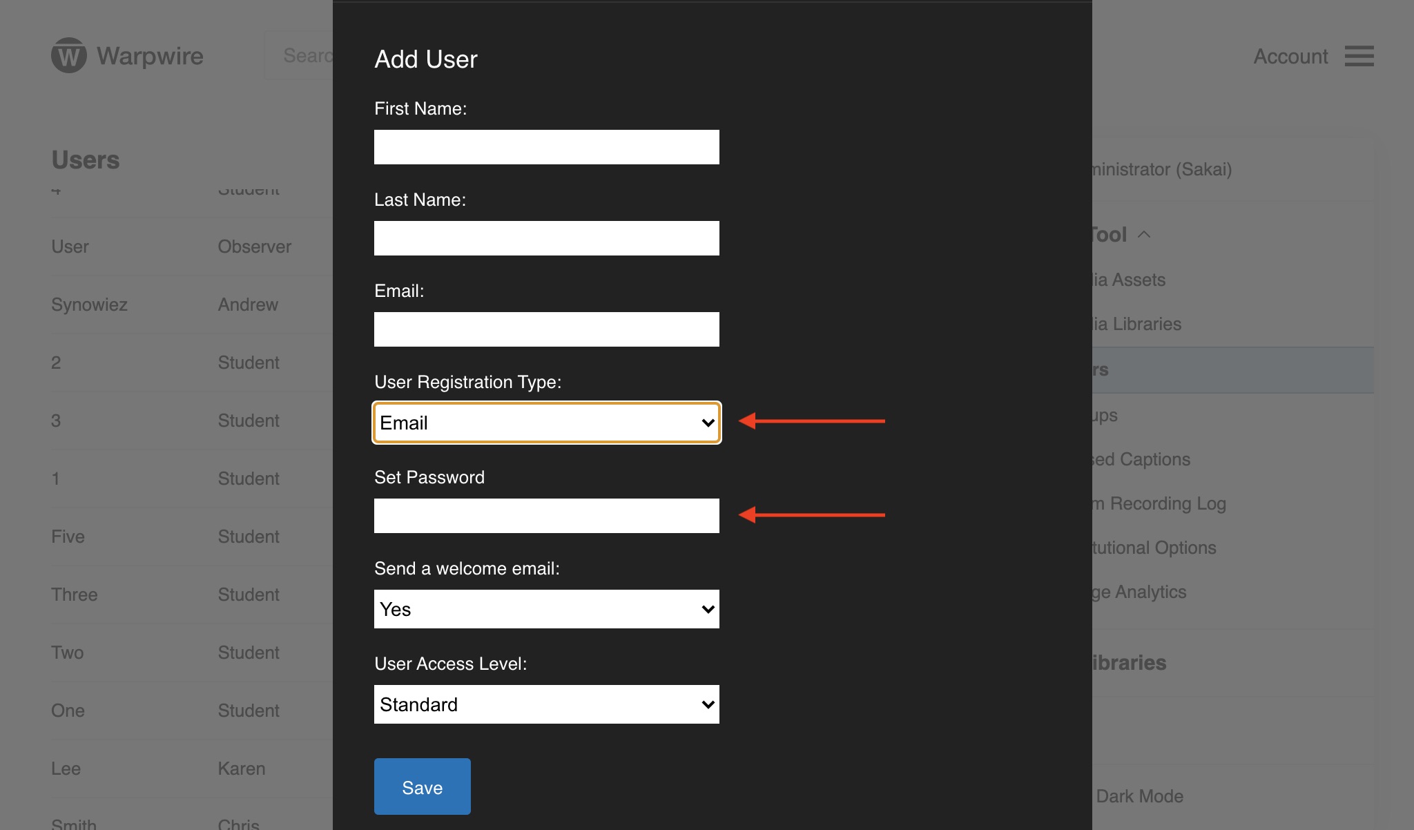 panel showing user input fields to create a user within the Warpwire video platform