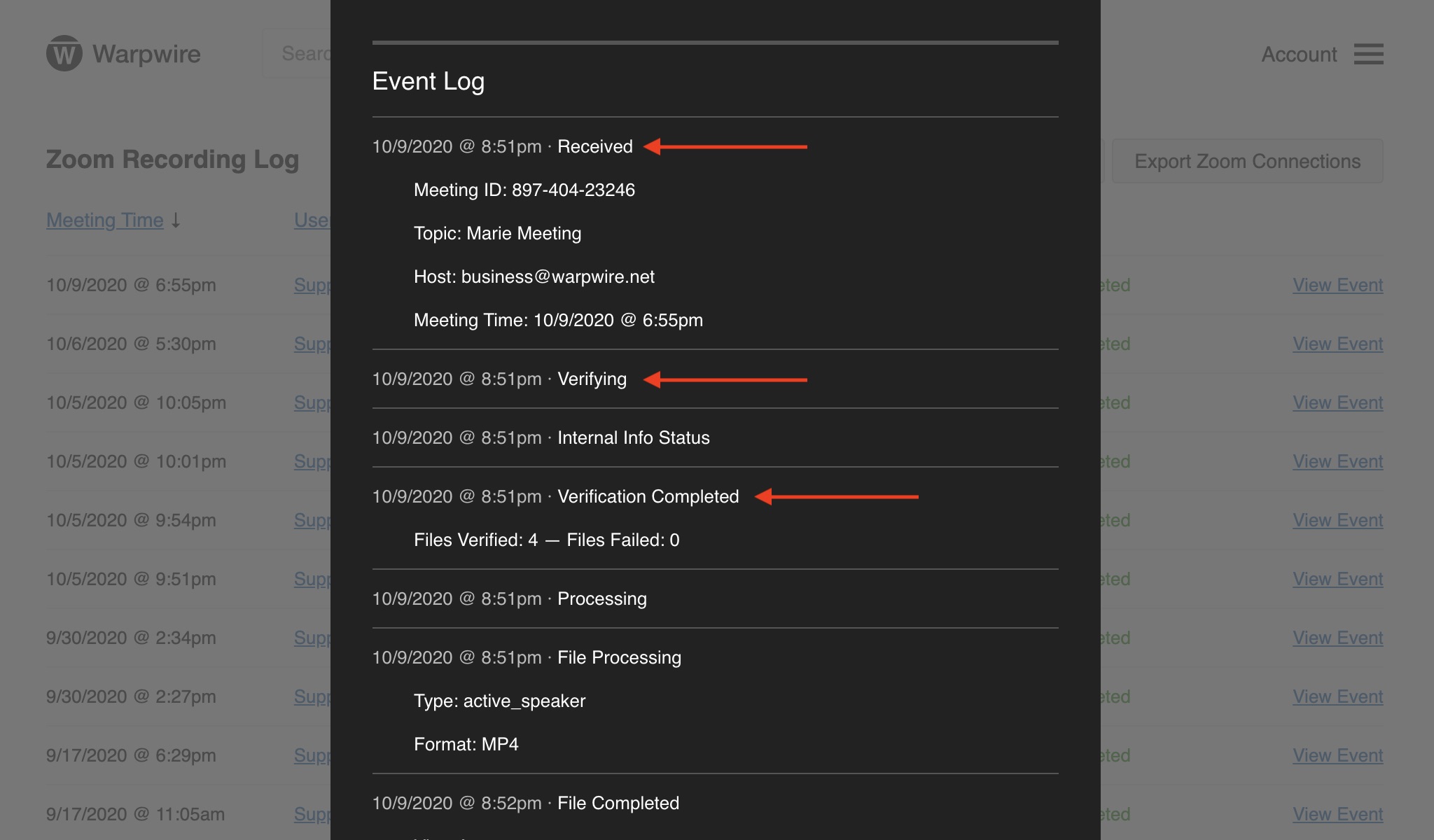 List of Zoom event statuses within the 'Event Log'