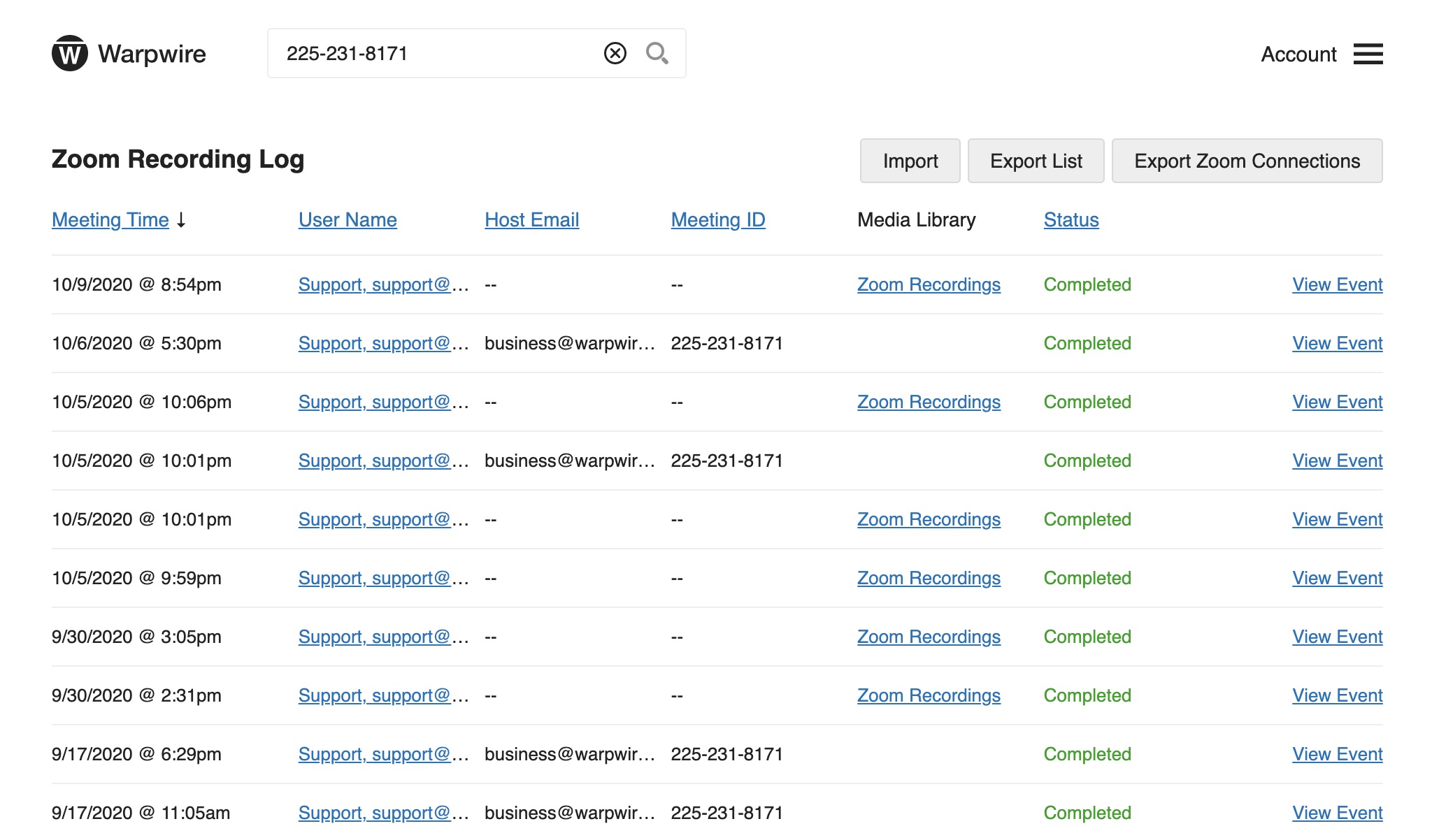 Zoom Recording Log within the Warpwire video platfrom sorted by time