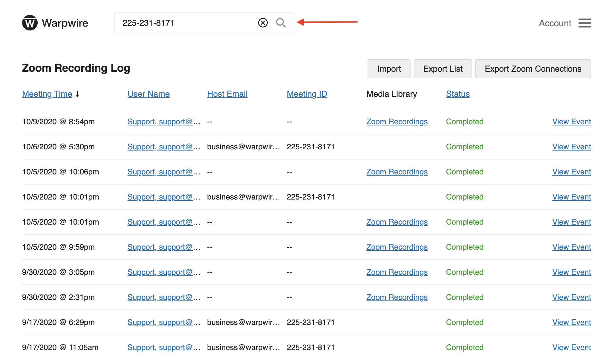 Search results for specific Meeting ID within the Zoom Recording Log on Warpwire